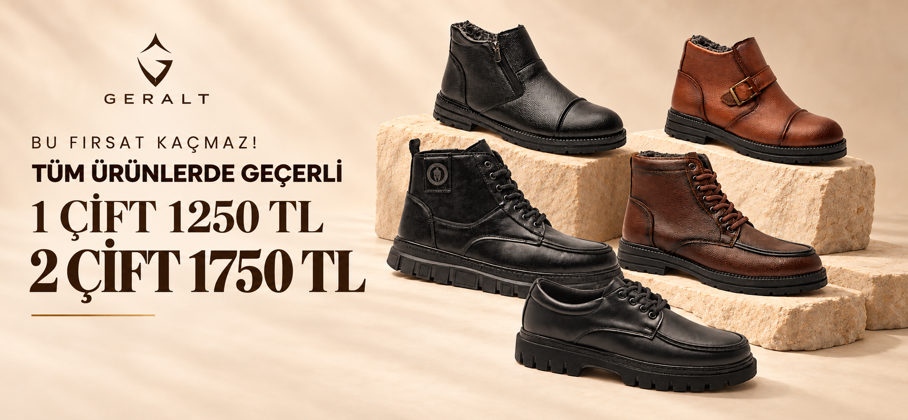 Geralt kampanyası: 1 çift 1250 TL, 2 çift 1750 TL; beş ayakkabı modeli.