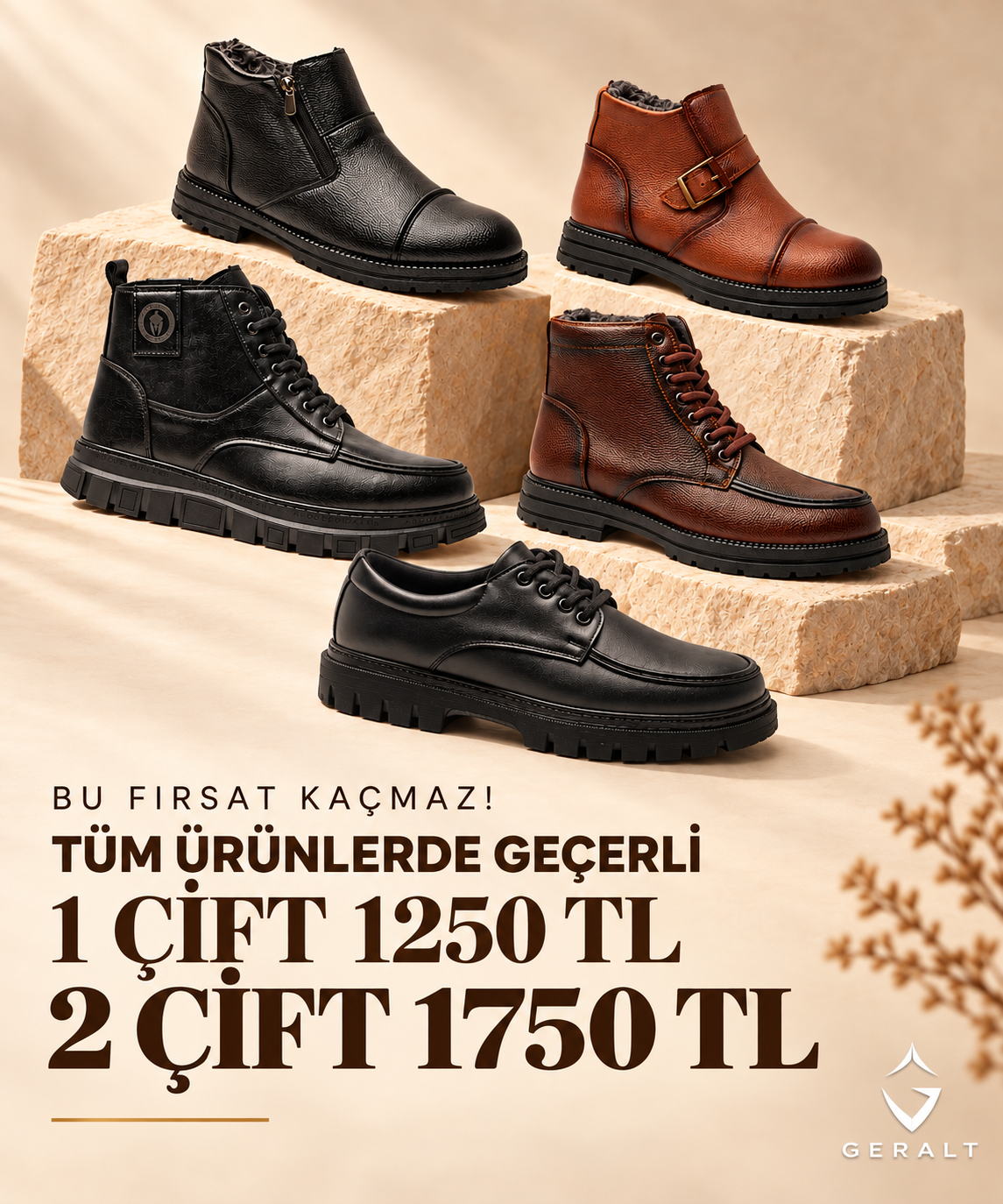 Geralt kampanyası: 1 çift 1250 TL, 2 çift 1750 TL; beş ayakkabı modeli.