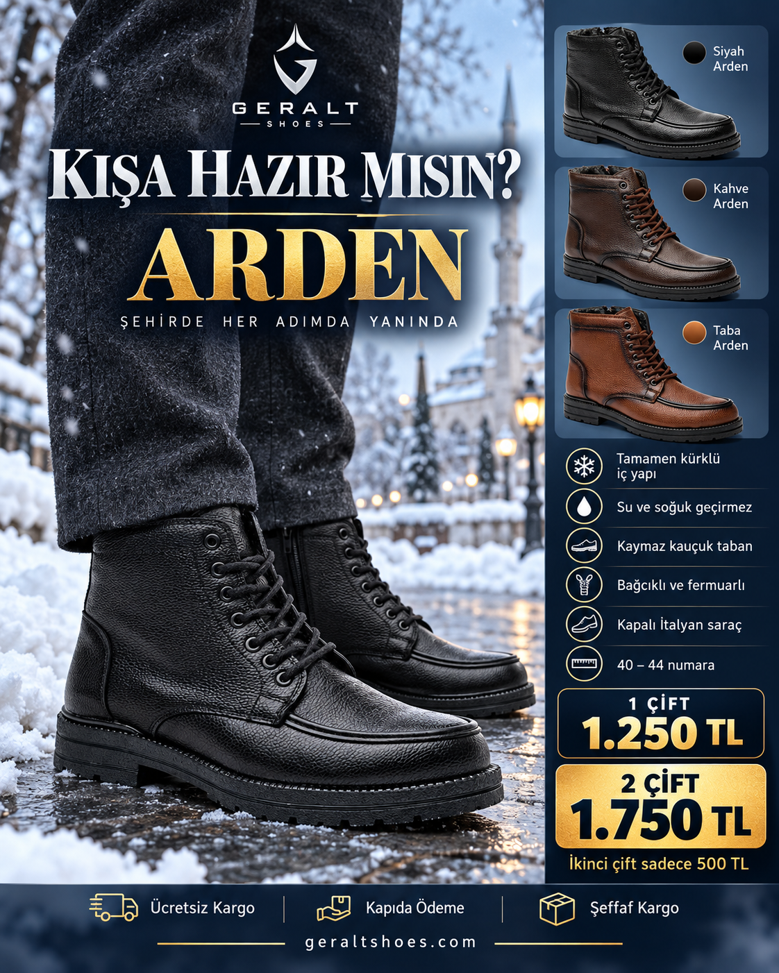 Karlı İstanbul’da siyah Geralt Arden botları ve kış kampanyası